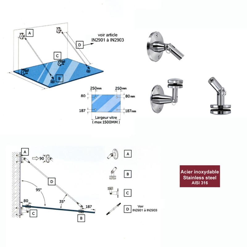 Ensemble 3 pièces supports en acier inox 316 pour marquises verre