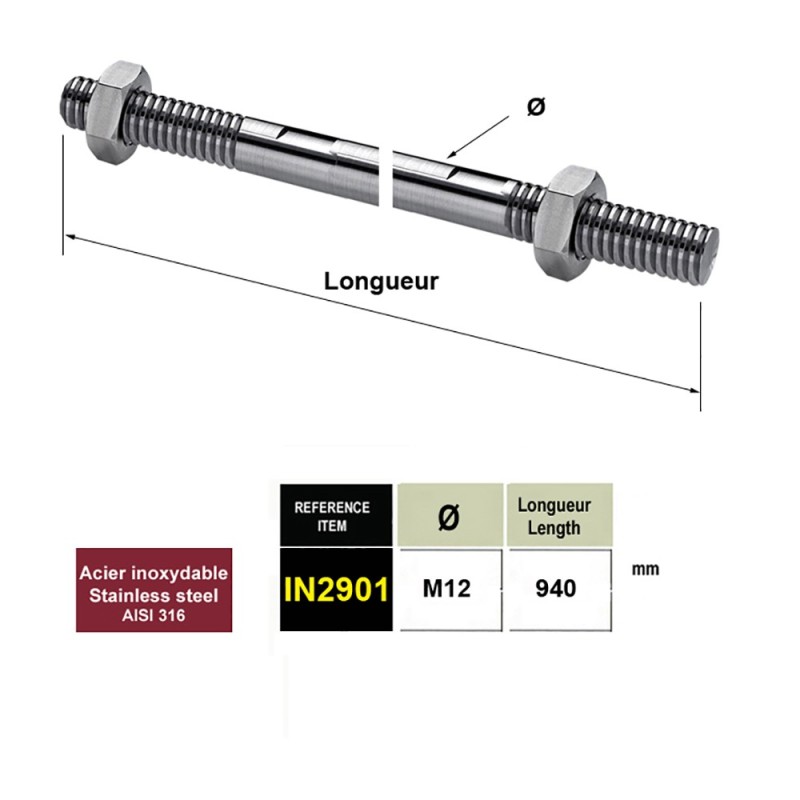 Axes tirants Ø12mm en acier inox 316 pour marquises en verre