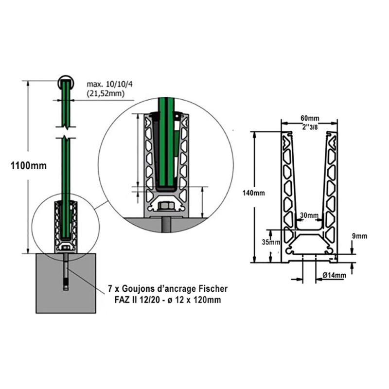 Profils aluminium pour garde corps en verre 12,76mm à 21,52mm