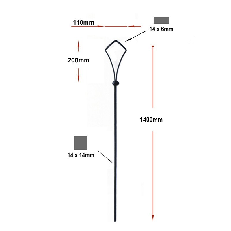 Balustre façon gothique hauteur 1400 carré 14x14mm motif 110x200