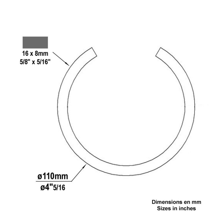 Cercles roulés en fer plats de 16x8mm ou de 20x8mm lisses ø110mm