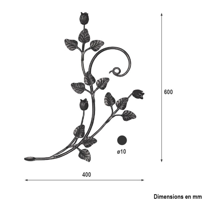 Branche de rosier avec feuilles et roses Hauteur 600x400mm ø10mm