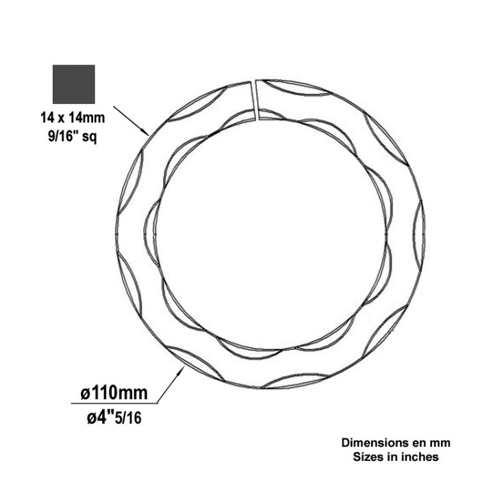 Cercle roulé en fer carré 14x14mm martelé 4 angles en ø110mm