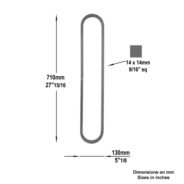 Ovales obtenue par enroulement d'un carré de 14x14mm ø130x710mm