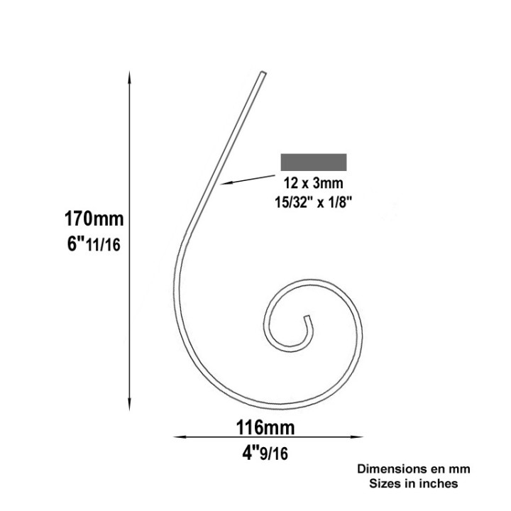 Volutes pour hauts de clôtures en forme de demi C h117mmx116mm