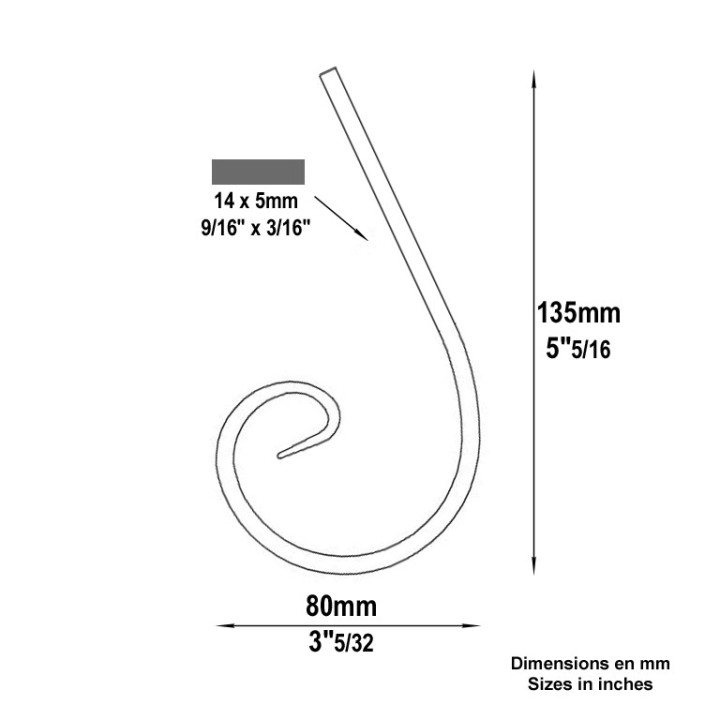 Volute en fer forgé en forme de demi C bouts amincis 135x80mm