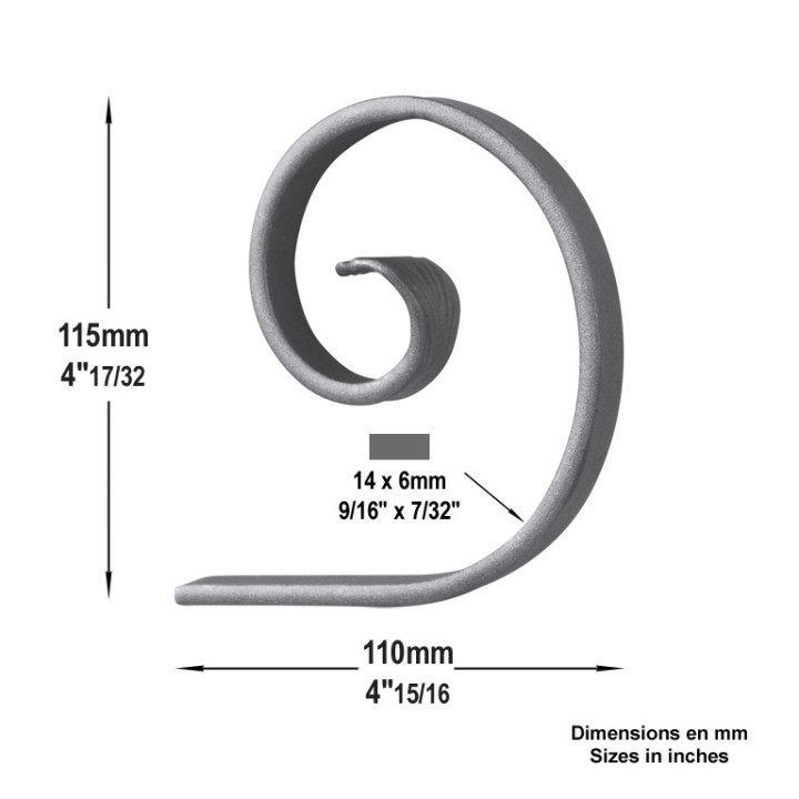 Volute en forme de demi C avec extrémités amincies à chevrons