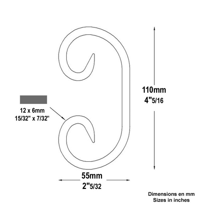 Volutes en forme de C en fer forgé extrémités lisses H110 ou 180mm