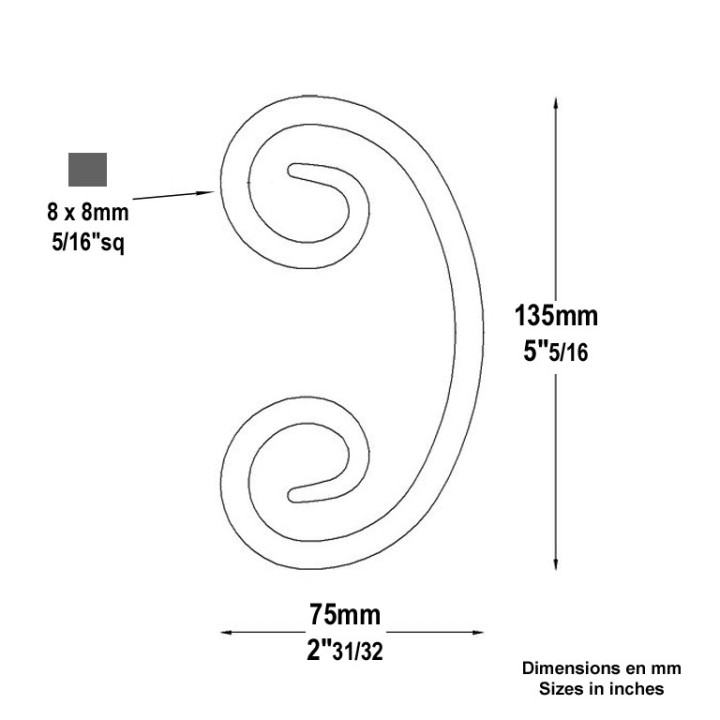 Volutes en forme de C en fer forgé extrémités lisses H135x75mm