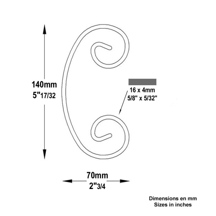 Volutes en forme de C en fer forgé extrémités lisses H140 à 220mm