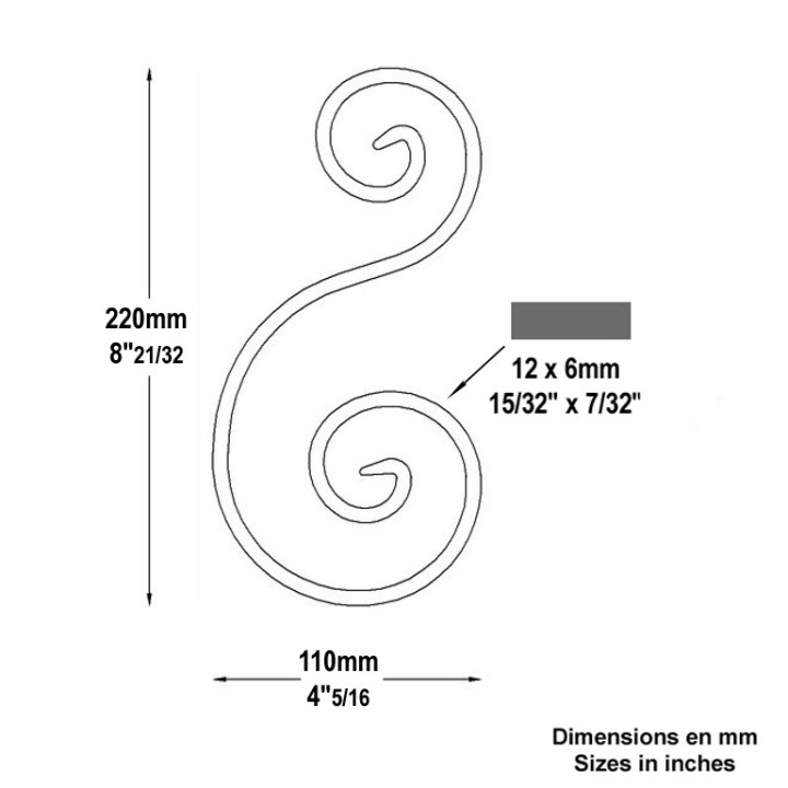 Volutes en forme de S en fer forgé extrémités lisses H220à360mm