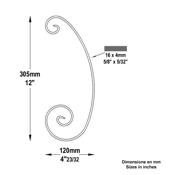 Volute en forme de C acier forgé arrondis inégaux 305x120mm