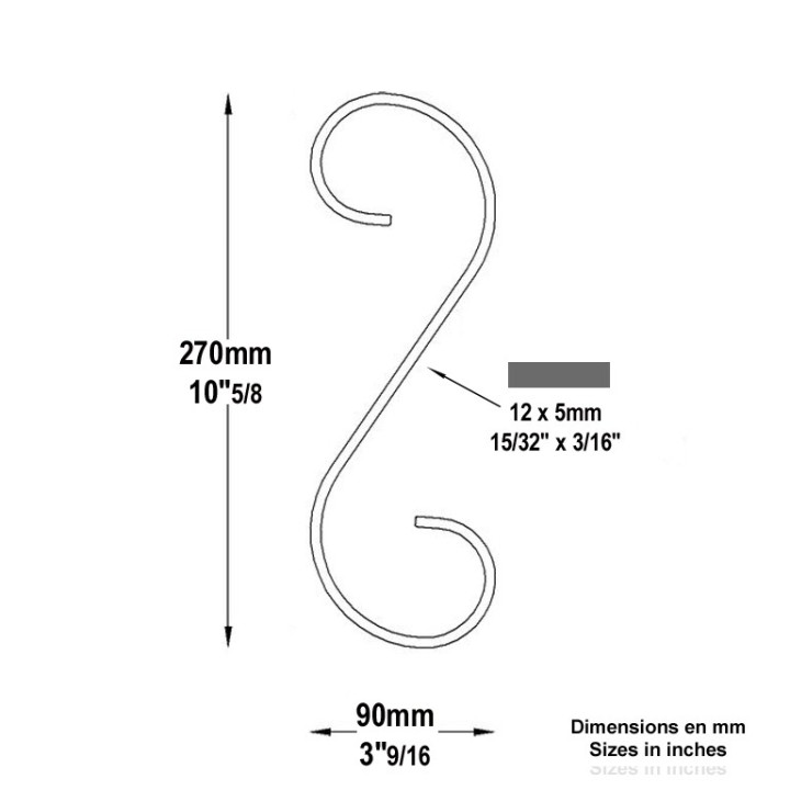 Volute en forme de S acier plat de 12x5mm, hauteur 270mm x 90mm