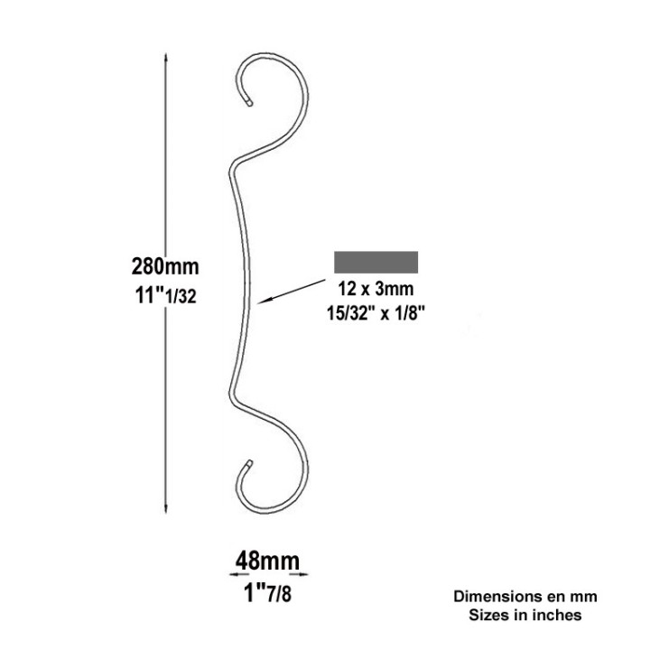 Volute décorative en acier plat 12x3mm hauteur 280mm x 48mm