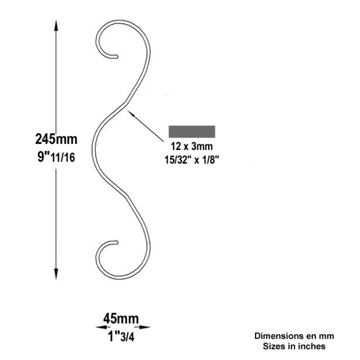Volute décorative en acier plat 12x3mm hauteur 245mm x 48mm