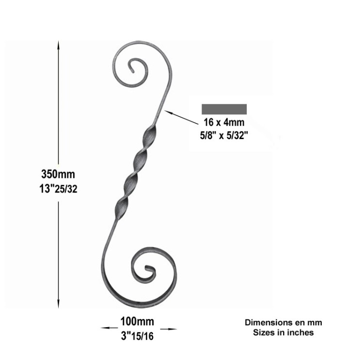 Volute en forme de S torsadée bouts lisses 350x100mm plat 16x4mm