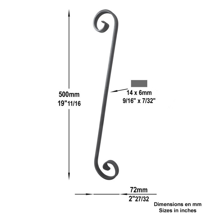 Volutes en forme de S avec bouts en queue de carpe 500x72mm