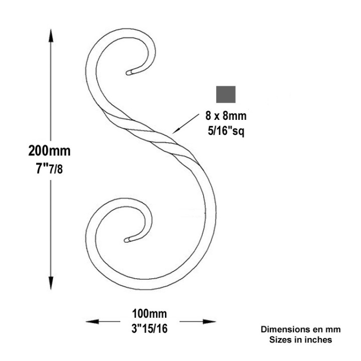 Volutes en forme de S torsadées avec queue de carpe 200 ou 250mm