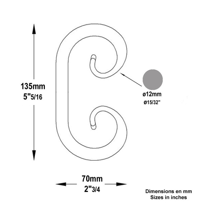 Volutes en forme de C avec queues de carpes hauteur 135mm x 70