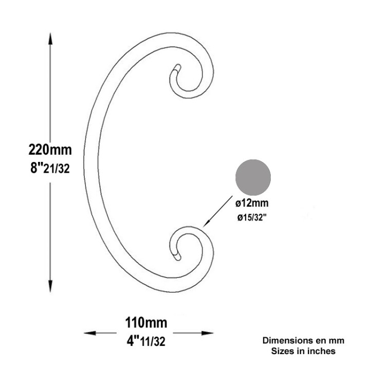 Volutes en forme de C avec queues de carpes hauteur 220mm x 110