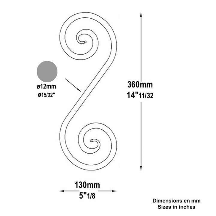 Volutes en forme de S avec queues de carpes hauteur 360x130mm