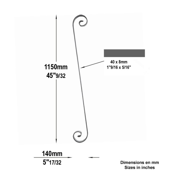 Volute en forme de S en queues de carpes hauteur 1150mmx140mm