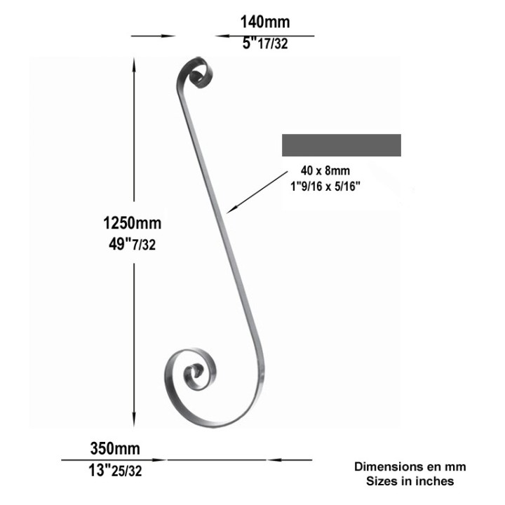 Volute en forme de S en queues de carpes hauteur 1350mmx350mm