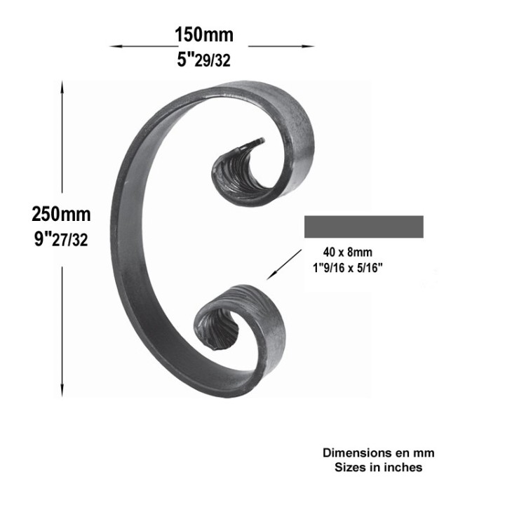 Volute en forme de C en queues de carpes hauteur 250mmx150mm