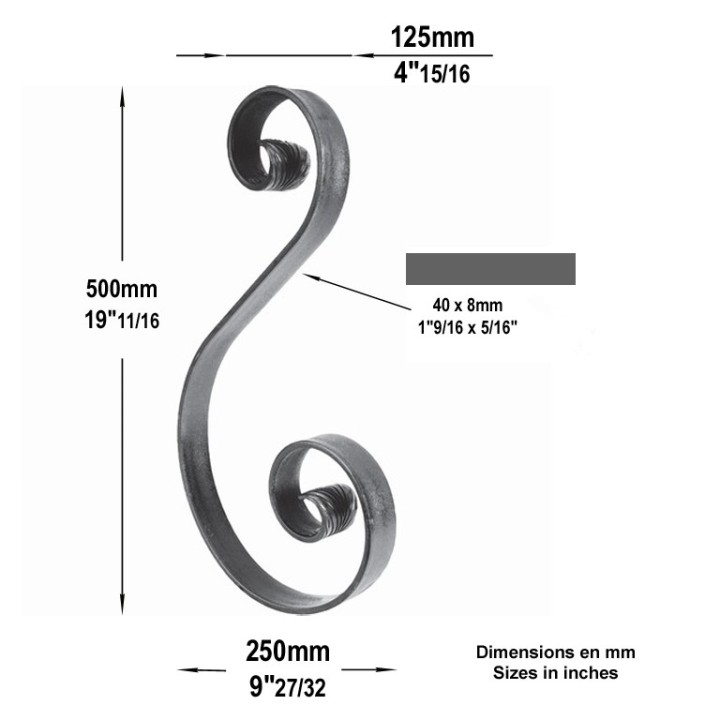 Volute en forme de S en queues de carpes hauteur 210mmx125mm