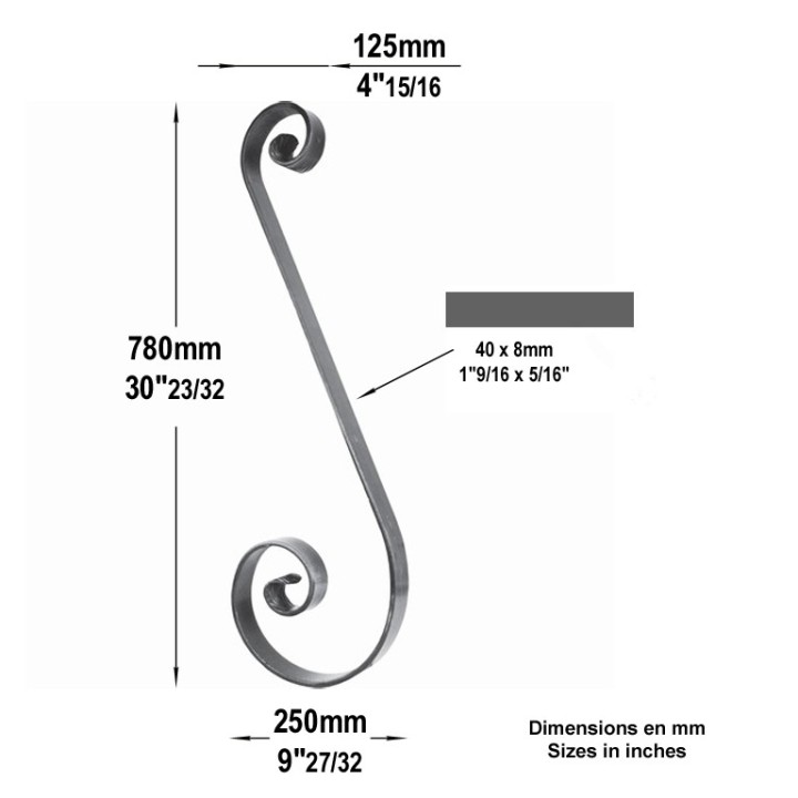 Volute en forme de S en queues de carpes hauteur 780mmx250mm