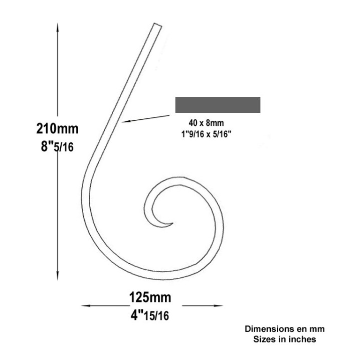 Volute en forme de demi C en queues de carpes hauteur 210x125mm