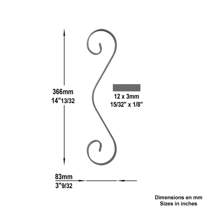 Volute en forme de "3" à bouts lisses hauteur 366x83mm en 12x3