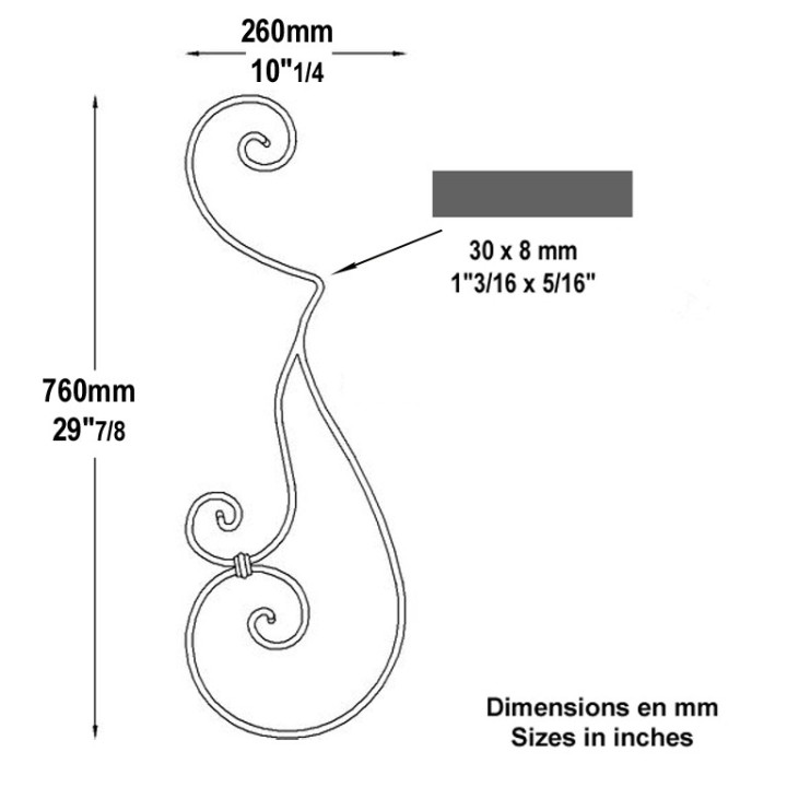 Volute décorative assemblée en plat de 30x8mm boutes lisses