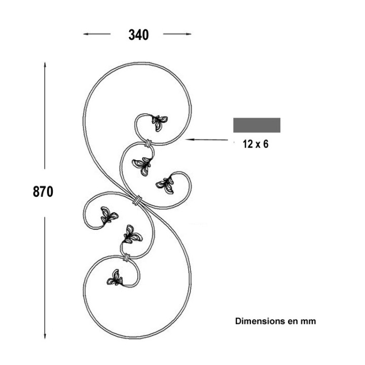 Volute assemblée décorative avec volutes à feuilles en plat 12x6mm