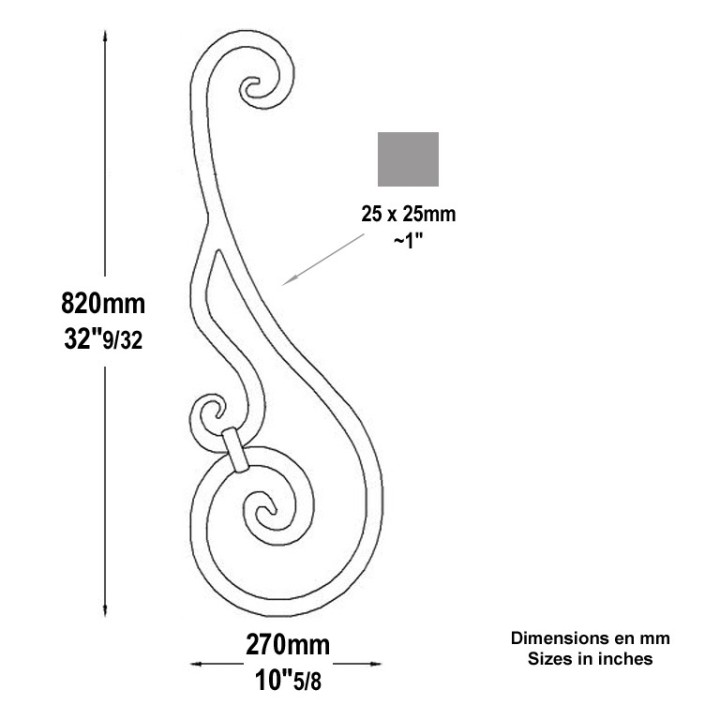 Volute grande taille assemblée en carré 25x25mm hauteur 820mm