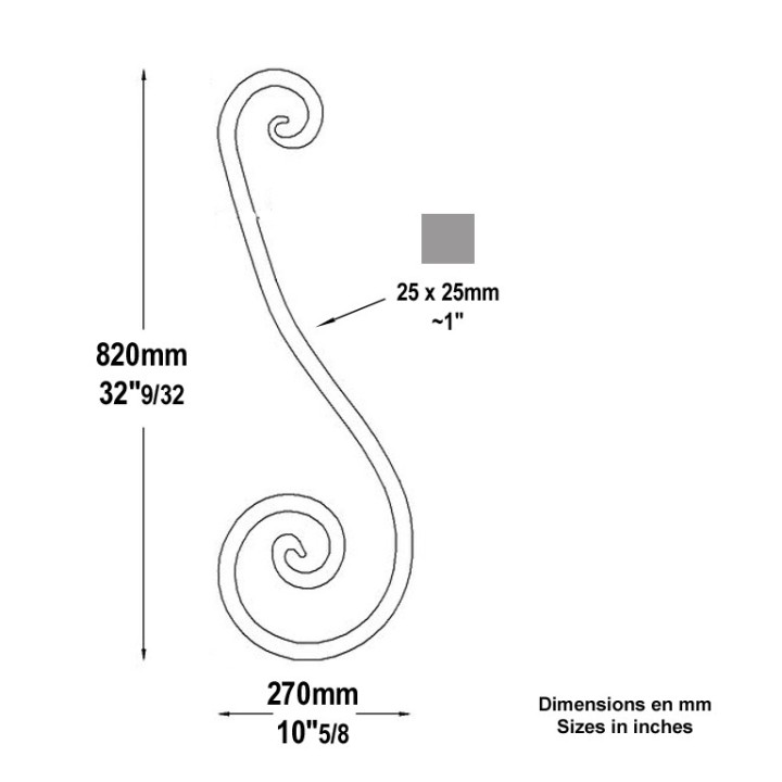 Volute grande taille seule en carré 25x25mm hauteur 820mm