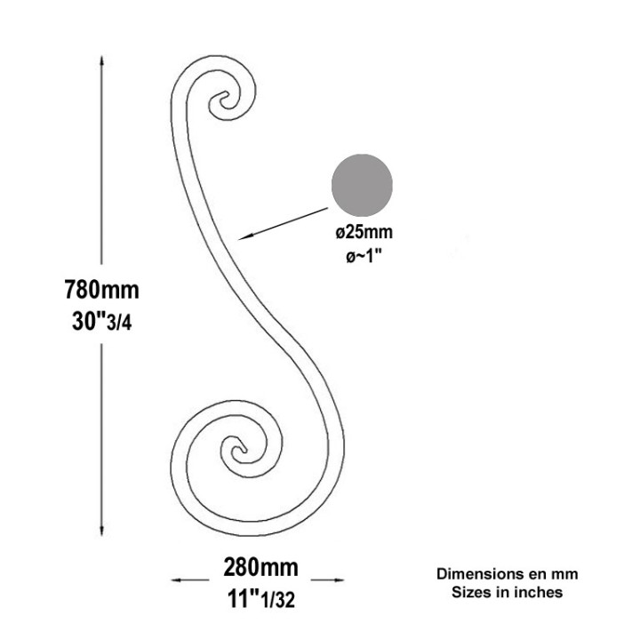 Volute grande taille isolée en rond ø25mm hauteur 780x280mm