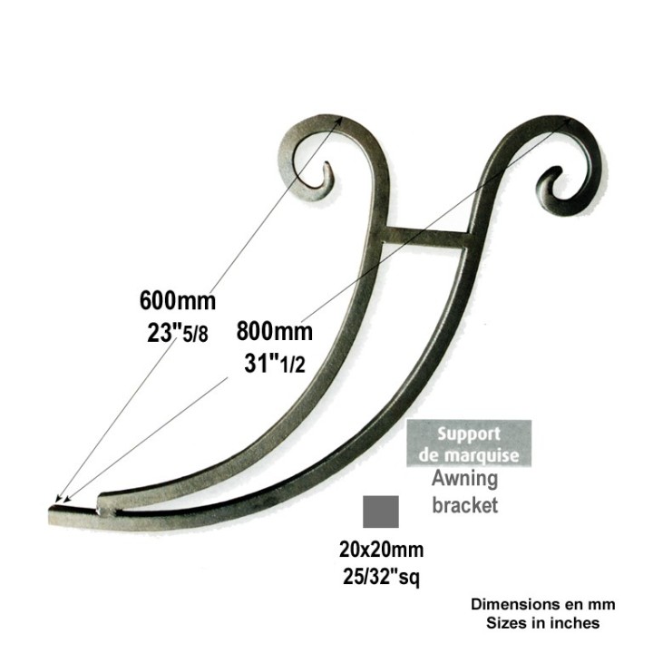 Support de marquise en fer forgé 380x480mm 20x20mm grenaillé