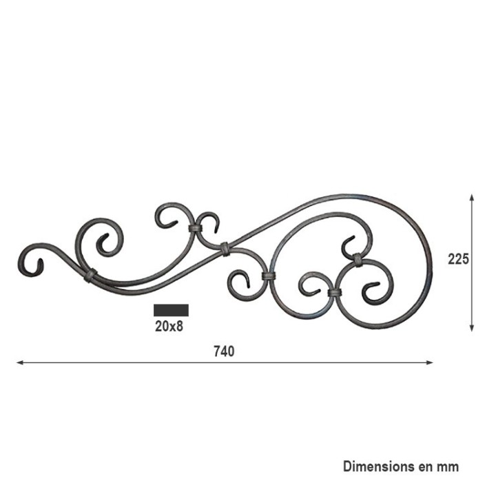 Panneau déco avec volutes pattes d'oies grenaillées 740x225mm