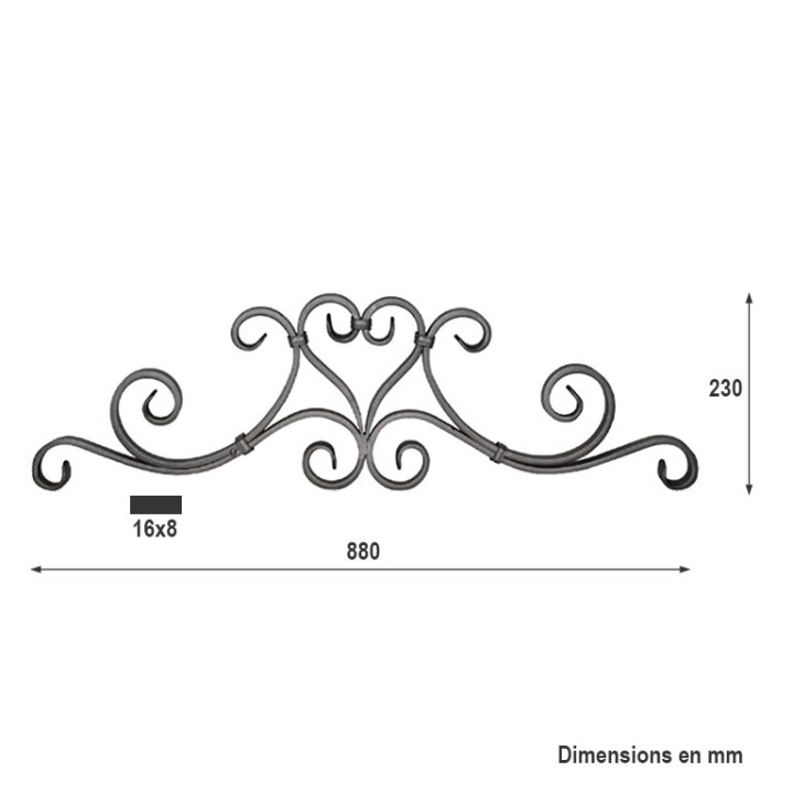 Panneau déco avec volutes pattes d'oies grenaillées 880x230mm