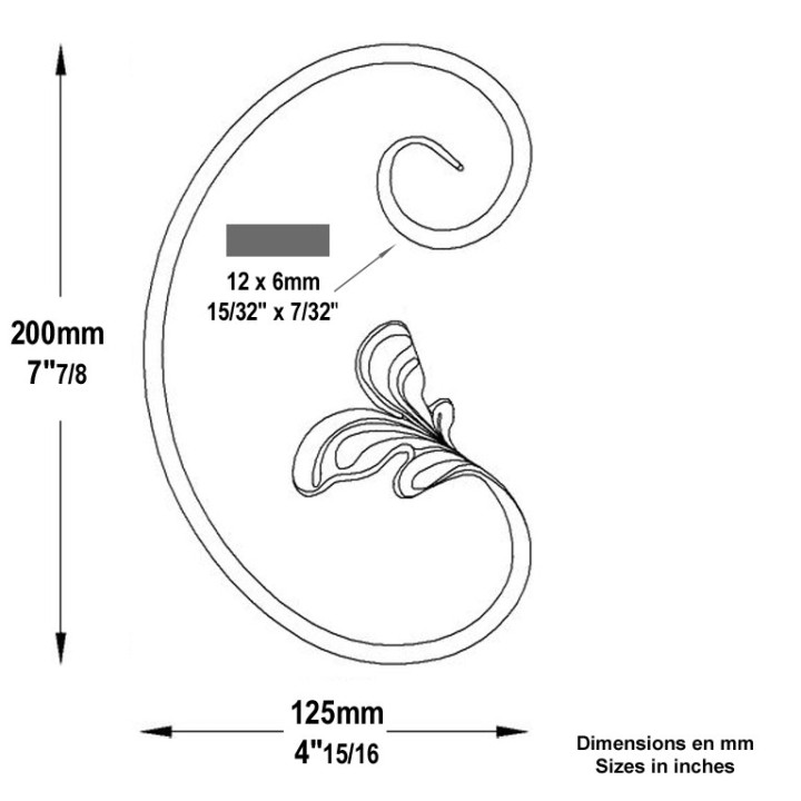 Volutes extrémités à feuilles gauche ou droite 200x125mm 12x6mm