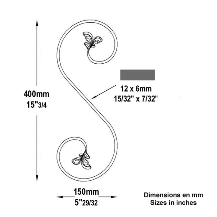 Volutes extrémités à feuilles gauche ou droite 400x150mm 12x6mm