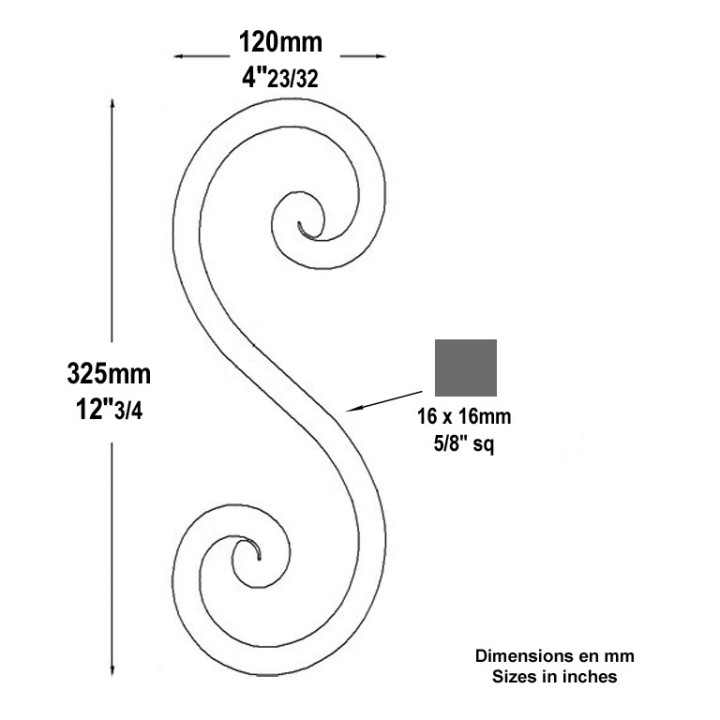Volutes avec extrémités à noyaux en forme de S carré de 16x16mm