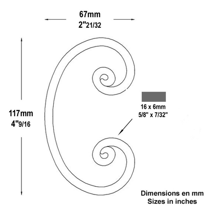 Volutes avec extrémités à noyaux en forme de C plat de 16x6mmm
