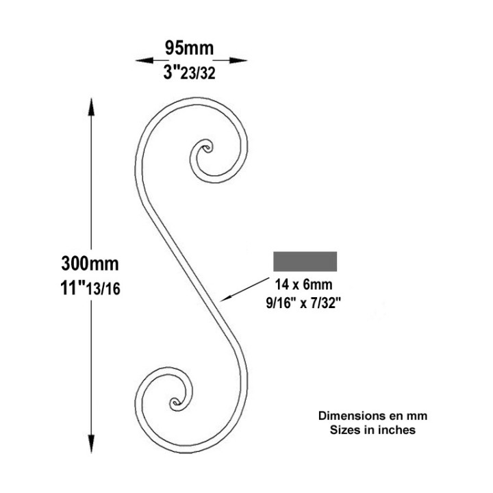 Volutes avec extrémités à noyaux en forme de S plat de 14x6mmm