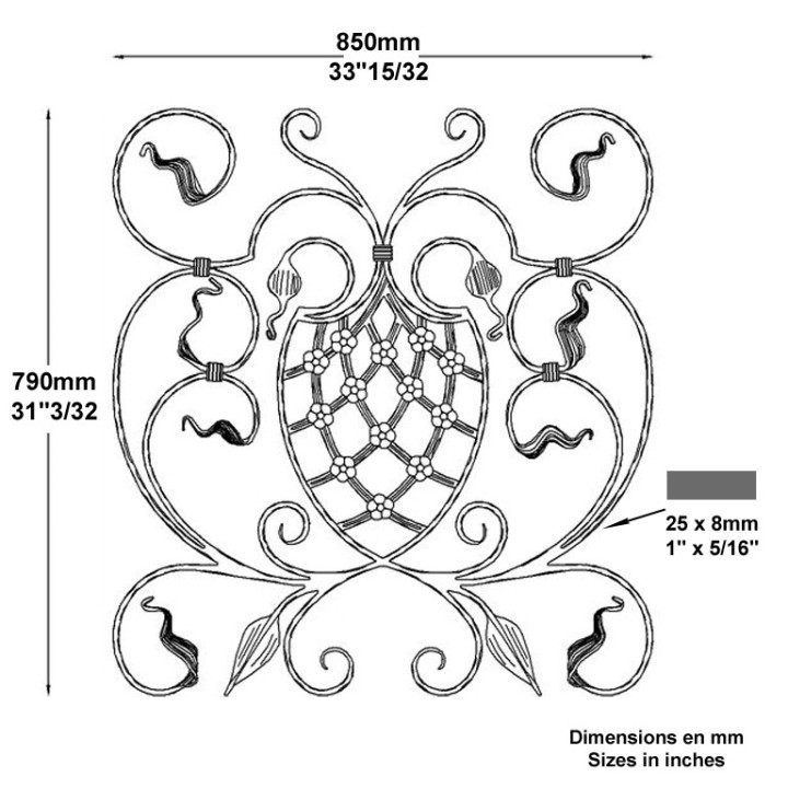 Panneau décoratif pour garde corps 850x790mm plats de 25x8mm