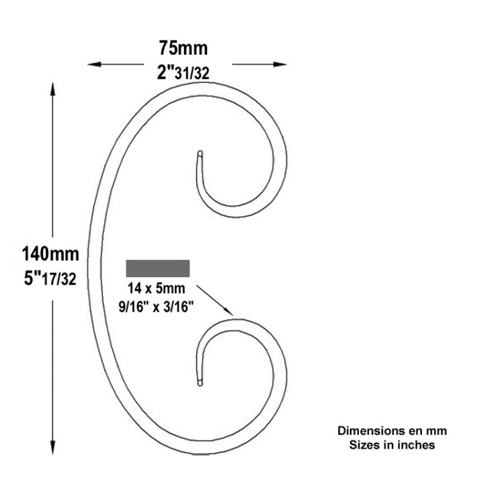 Volute en forme de C en aluminium 140x75mm plat de 14x5mm