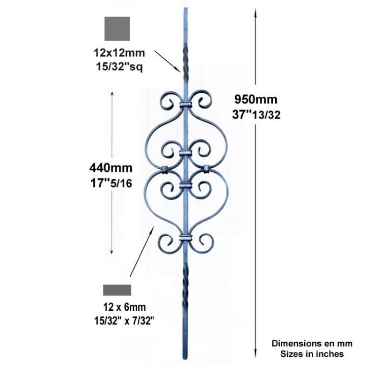 Balustre 950mm torsadé 12x12mm avec 4 volutes 12x6 et 2 torsades