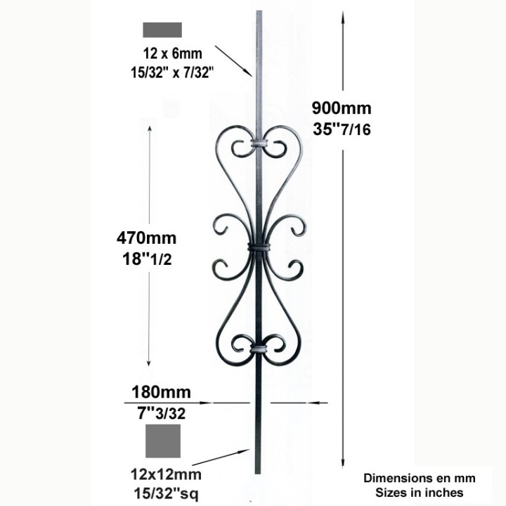 Balustre 900mm lisse 12x12mm avec quatre volutes 12x6mm