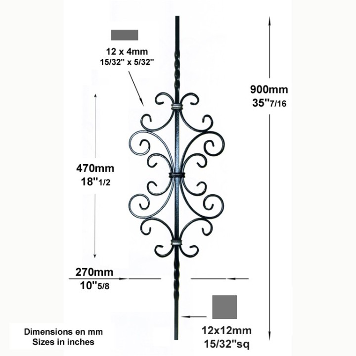 Balustre 900mm lisse 2 torsades 12x12mm avec 8 volutes 12x6mm